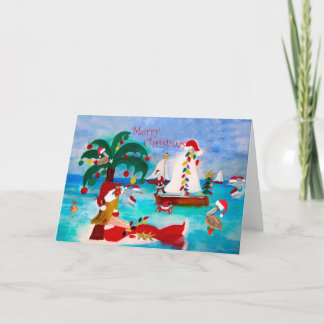 Coastal Christmas harbor parade Holiday cards. Helgkort