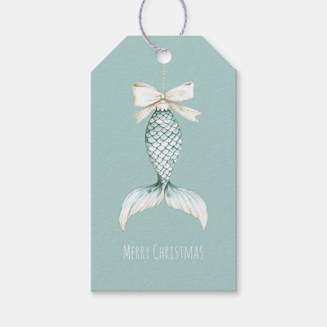 Coastal Christmas Mermaid Bow Blue Beach Ocean   Presentetikett (Framsidan)