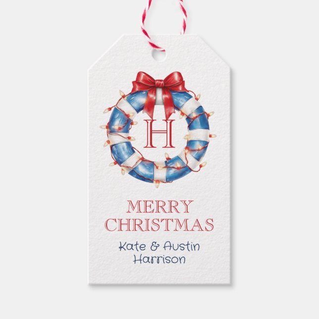 Coastal Christmas Monogram Bow Nautical Presentetikett (Framsidan)