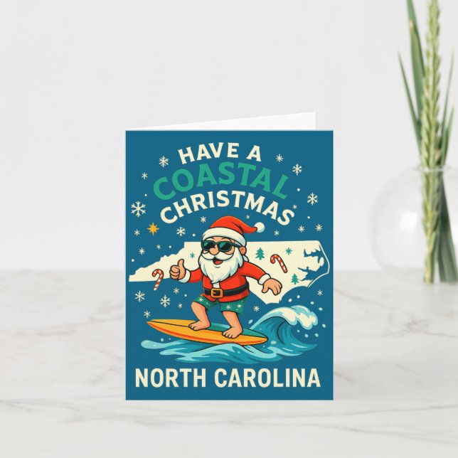 Coastal Christmas Nc Shirt Santa Surfing Funny Wav Kort (Framsida)
