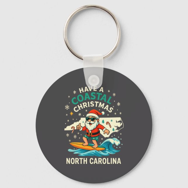 Coastal Christmas Nc Shirt Santa Surfing Funny Wav Nyckelring (Framsida)