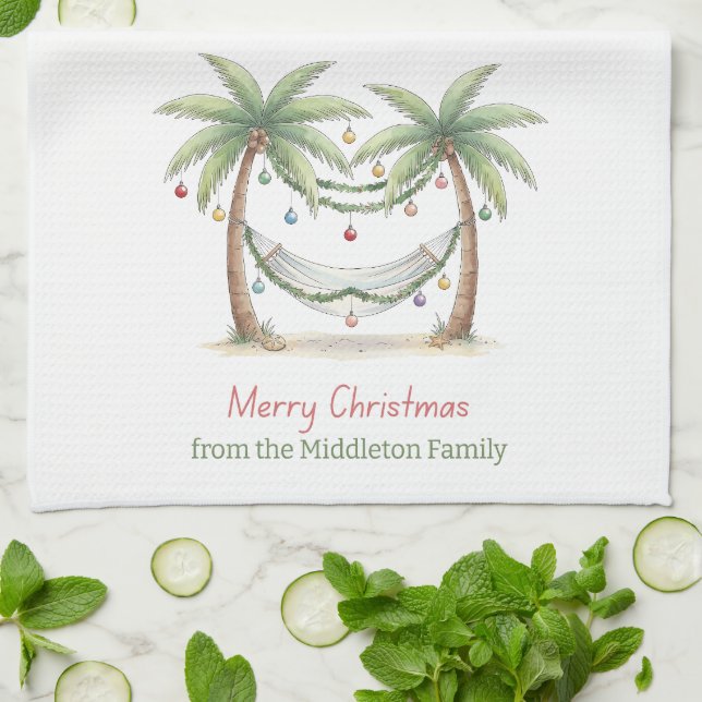 Coastal Christmas Palm Trees With Hammock Kökshandduk (Vikta)