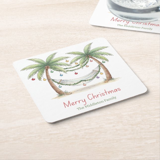 Coastal Christmas Palm Trees With Hammock Underlägg Papper Kvadrat (Vinklad)