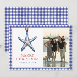 Coastal Christmas Starfish Ornament Gingham Photo Julkort