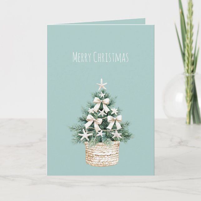 Coastal Christmas Tree Bows Blue Beach Ocean   Kort (Framsida)