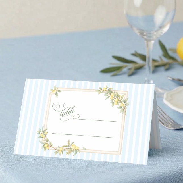 Coastal Citron Bröllop Placeringskort (elegant coastal stripe mediterranean lemon wedding table place card with script calligraphy)