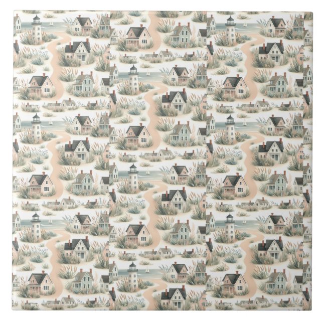Coastal Cottage Lighthouse Pattern Kakelplatta (Framsidan)