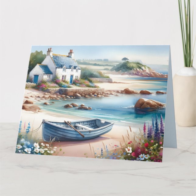 Coastal Cottage Seaside Rowboat Bloom Kort (Framsida)