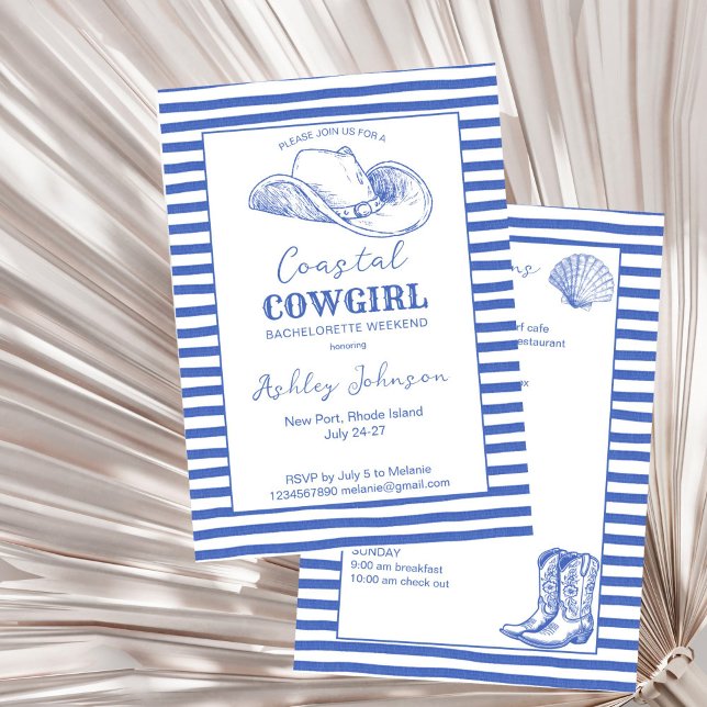Coastal Cowgirl Bachelorette helg Inbjudningar (Coastal Cowgirl Bachelorette weekend itinerary Invitation template last toast on a coast dusty blue)