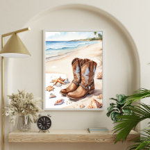 Coastal Cowgirl Brown Boots on Sand Ocean Beach