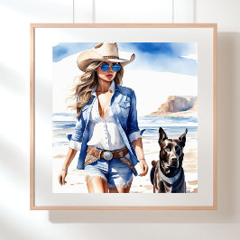 Coastal Cowgirl i Denim med Hund på stranden Poster