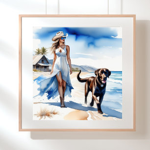 Coastal Cowgirl med Hund på Beach Poster