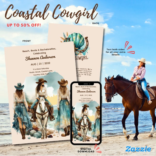 ⭐ Coastal Cowgirl Rustic Rodeo Bride Party Horses Inbjudningar (Skapare uppladdad)