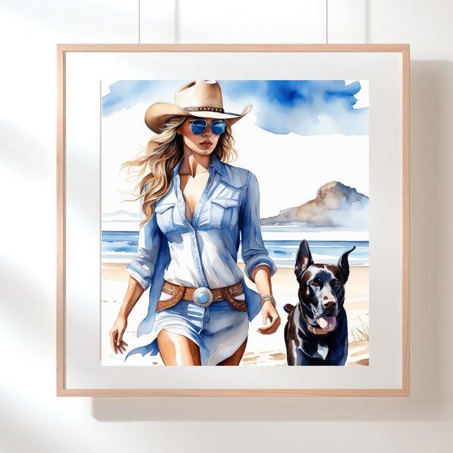 Coastal Cowgirl som bar en Denim Dress på stranden Poster (Coastal cowgirl wearing a denim dress walking on the beach with a dog)