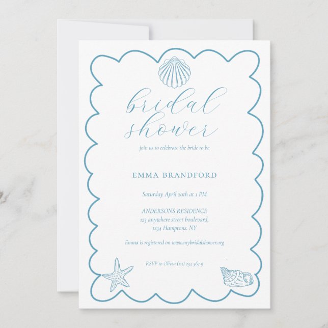 Coastal Doodle Blue White Bridal Shower  Inbjudningar (Framsida)