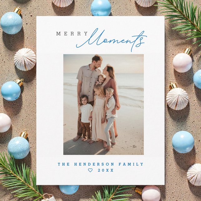 Coastal Family Beach vacation Custom Holiday Photo Julkort (Modern, simple, coastal beach Merry Moments photo family holiday Christmas card.)