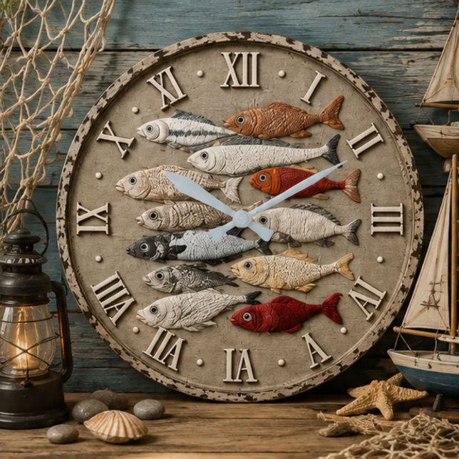 Coastal Fish  Nautical Beach House Rustic Fishing  Stor Klocka (Skapare uppladdad)