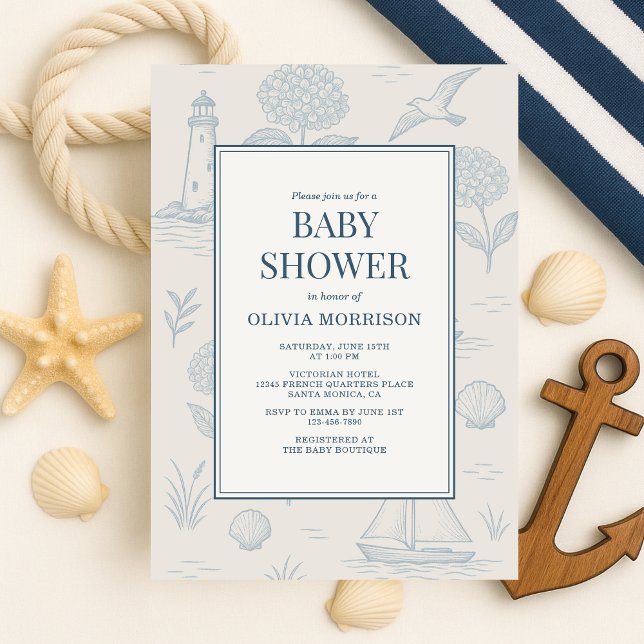 Coastal French Toile Blue Floral Baby Shower Inbjudningar (Skapare uppladdad)