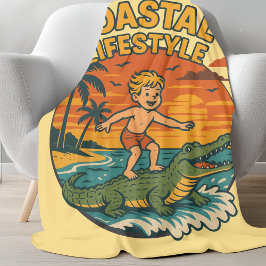 Coastal Gator Alligator Surfing | Retro Surf Stran Fleecefilt