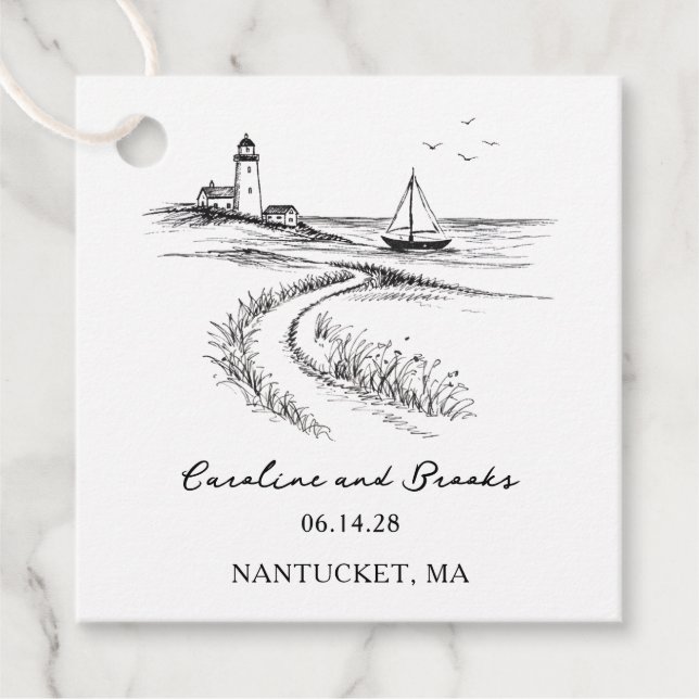 Coastal Hand Drawn Black & White Wedding Gåvor Etiketter (Framsida)