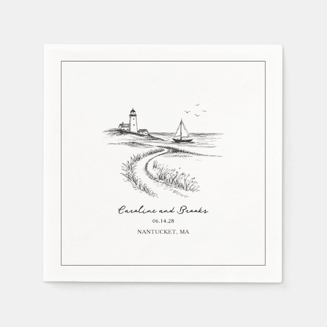 Coastal Hand Drawn Black & White Wedding Pappersservett (Framsidan)