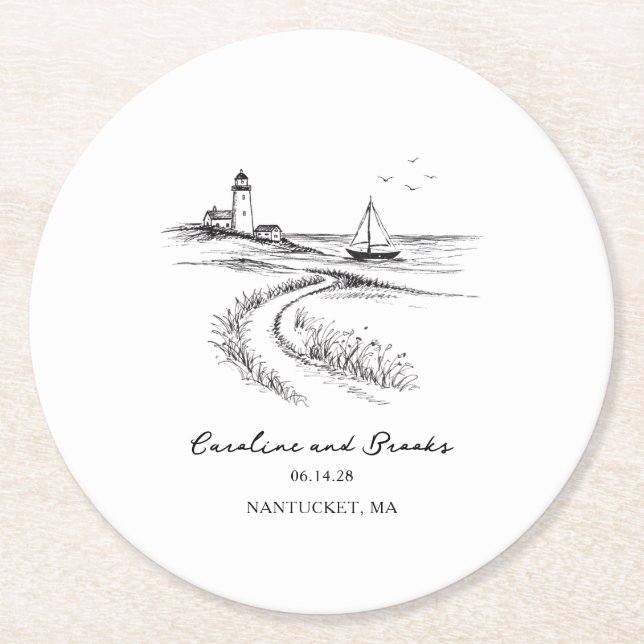 Coastal Hand Drawn Black & White Wedding Underlägg Papper Rund (Framsidan)
