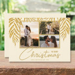 Coastal Handflatan Photo Collage jul Julkort<br><div class="desc">Tre foton som accentueras med faux glitter handflatan fronds på en gräddbakgrund (se mer färg i vår butik),  de här helgdag har dina namn på grund i chic. Välj Projektionsyta för tyngsta pappra och HD för bästa fotoupplösning. ***EN FOTO-design görs för dig i vår butik.</div>