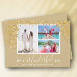 Coastal Handflatan Photo Collage jul Julkort<br><div class="desc">Tre foton som accentueras med faux guld glitter handflatan fronds på guld-bakgrunden (se mer färg i vår butik), dessa julkort för helgdag har "Det är ett underbart liv", eller vilket hälsning du än väljer, och din namn på grunden med chic. Välj Projektionsyta för tyngsta pappra och HD för bästa fotoupplösning....</div>