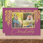 Coastal Handflatan Photo Collage jul Julkort<br><div class="desc">Tre foton som accentueras med faux guld glitter handflatan fronds på en hallonbakgrund (se mer färg i vår butik), de här helgdag har "Det är ett underbart liv", eller vilket hälsning som helst, och din namn på grund i chic. Välj Projektionsyta för tyngsta pappra och HD för bästa fotoupplösning. ***EN...</div>