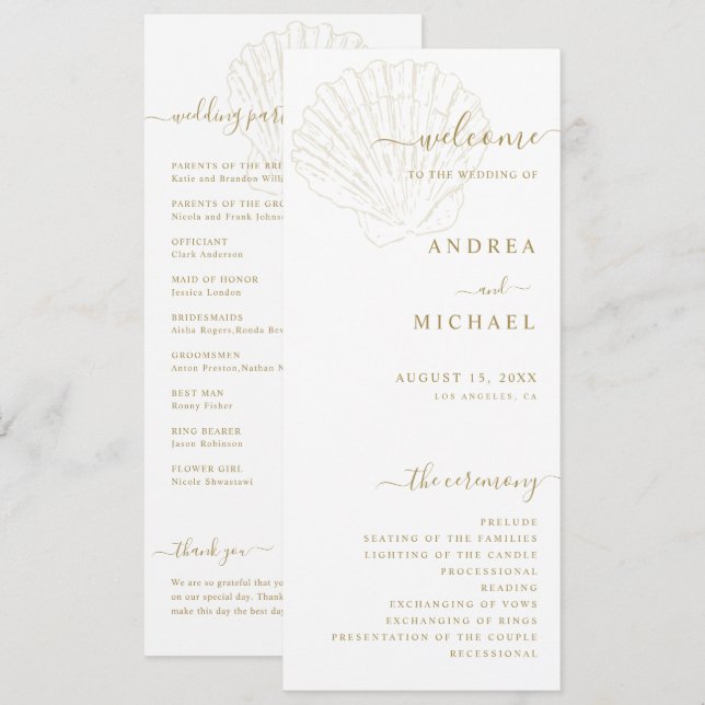 Coastal Ivory & Gold Hand Drawn Seashell Wedding Program (Fram/baksida)