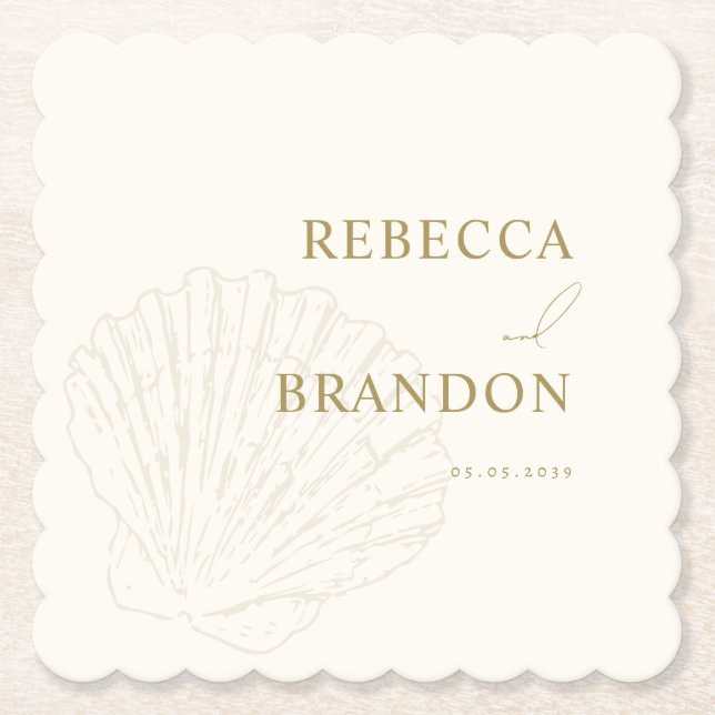 Coastal Ivory & Gold Hand Drawn Seashell Wedding Underlägg Papper (Framsida)