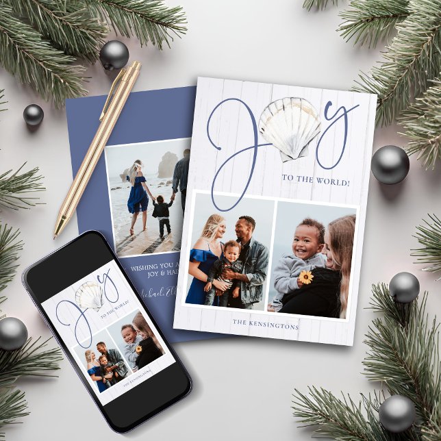 Coastal jul Joy Seashell Helgdag 3 Foton Julkort (Coastal Christmas Joy Seashell 3 Photos Holiday Card)