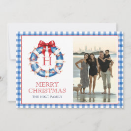 Coastal jul Monogram WAN Gingham Photo Julkort