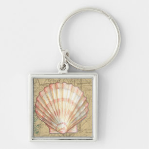 Coastal Karta Collage Fyrkantig Silverfärgad Nyckelring