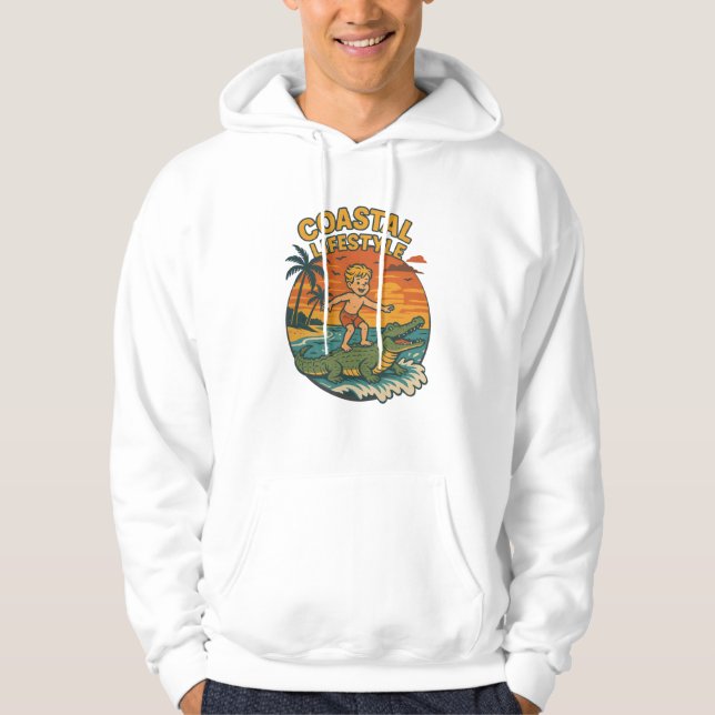 Coastal Life Alligator Surfing Retro FL Surf Beach Hoodie (Framsida)