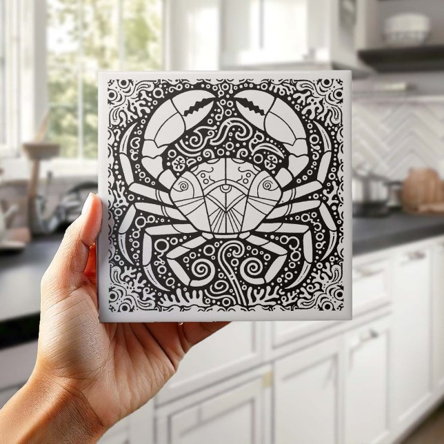 Coastal Life Series Crab B & W D1208 Kakelplatta (Skapare uppladdad)