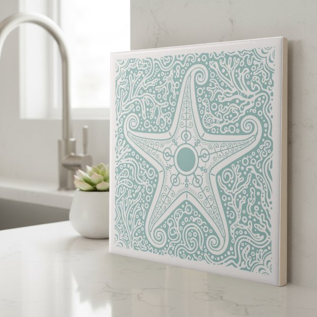 Coastal Life Series Starfish Teal D1208 Kakelplatta (Skapare uppladdad)