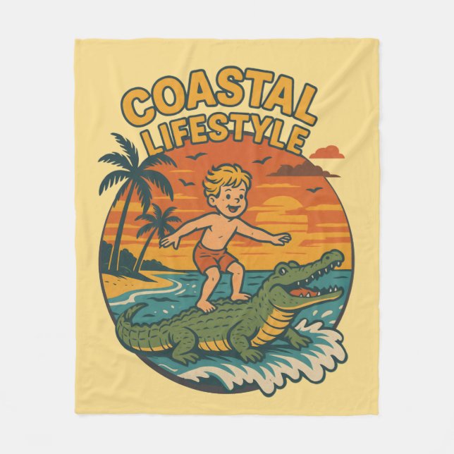Coastal Lifestyle Gator Surfing - Retro Surf Beach Fleecefilt (Framsidan)