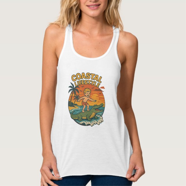 Coastal Lifestyle Gator Surfing - Retro Surf Beach Linne Med Racerback (Framsida)