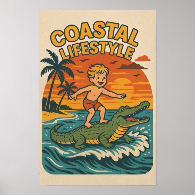 Coastal Lifestyle Gator Surfing - Retro Surf Beach Poster (Framsidan)