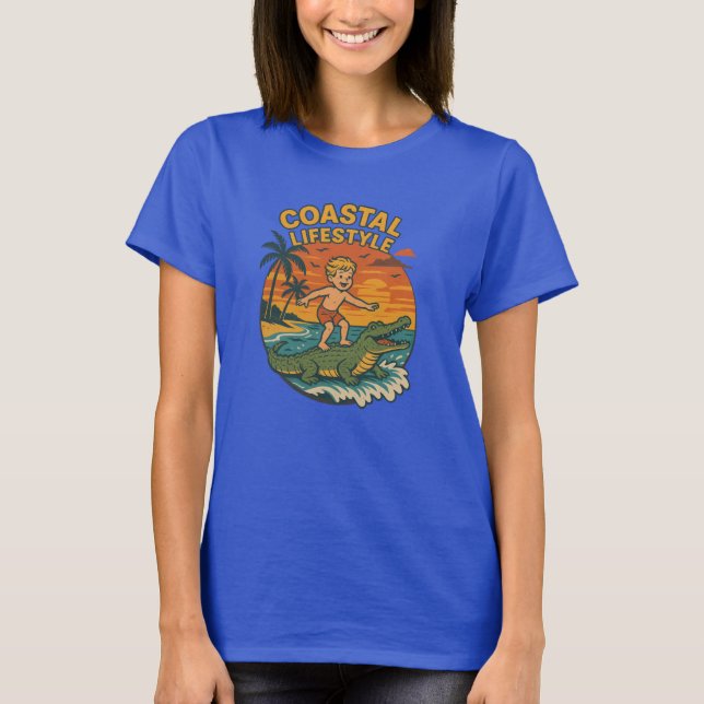 Coastal Lifestyle Gator Surfing - Retro Surf Beach T Shirt (Framsida)