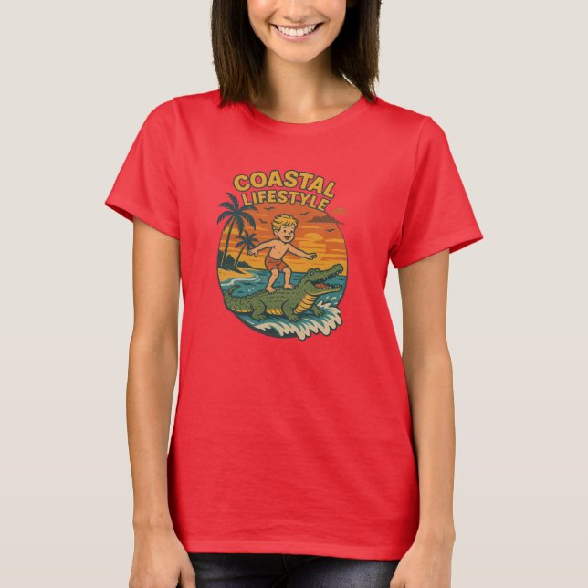 Coastal Lifestyle Gator Surfing - Retro Surf Beach T Shirt (Framsida)