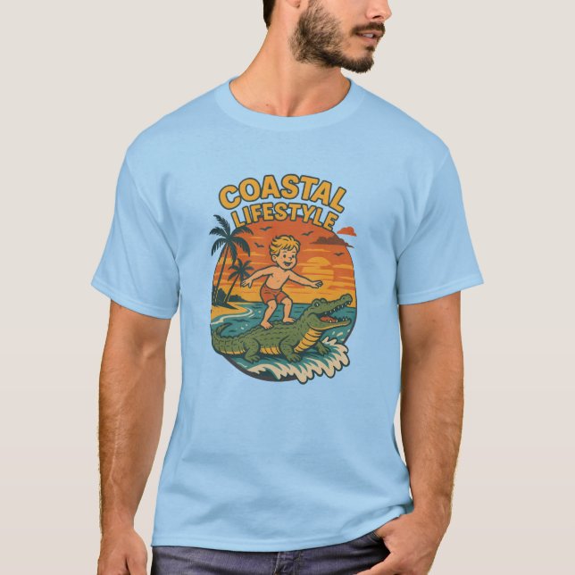 Coastal Lifestyle Gator Surfing - Retro Surf Beach T Shirt (Framsida)
