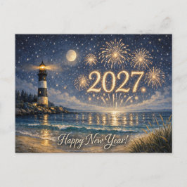 Coastal Lighthouse Fireworks Happy New Year 2027 Helg Vykort