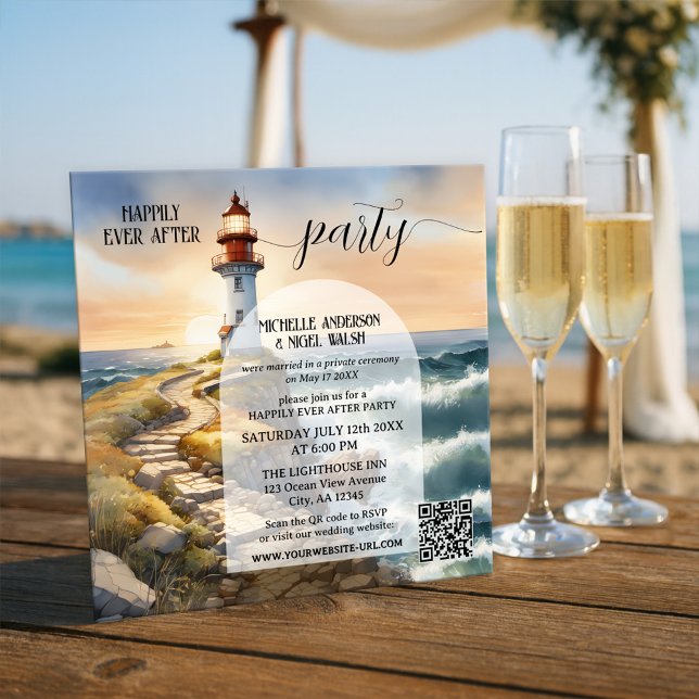 Coastal Lighthouse Happily Ever After Wedding Inbjudningar (Watercolor happily ever after wedding invitation featuring a lighthouse at sunset - with QR code)