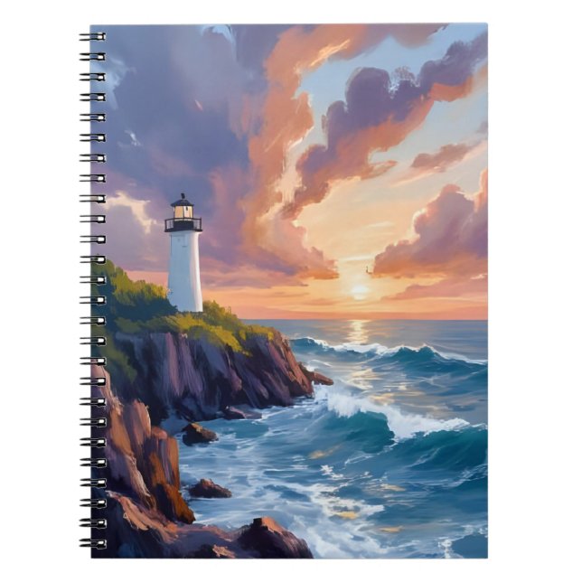 Coastal Lighthouse Sunset | Beach Ocean Painting Anteckningsbok (Framsidan)