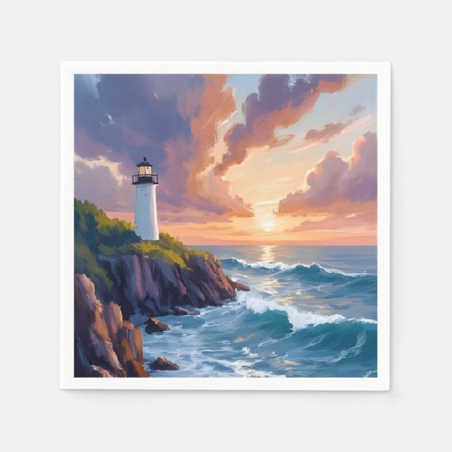 Coastal Lighthouse Sunset | Beach Ocean Painting Pappersservett (Framsidan)