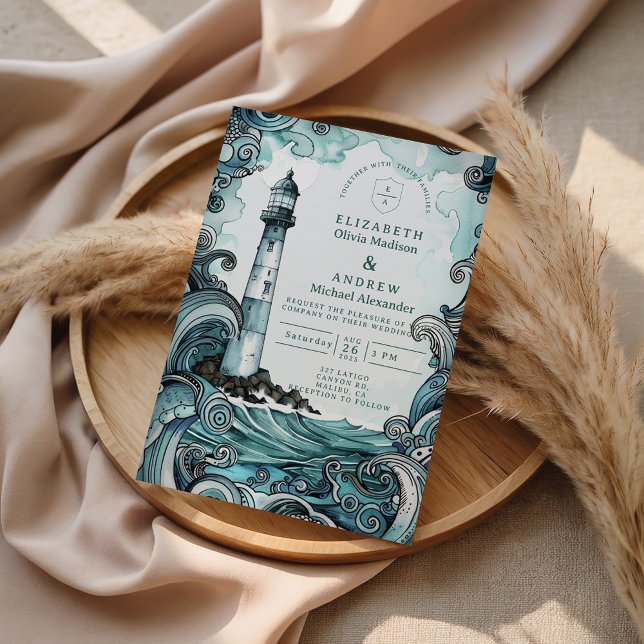 Coastal Lighthouse Wave Wedding Inbjudningar (Skapare uppladdad)