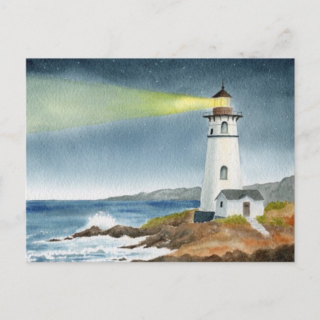Coastal Lighthouse with Light Beam  Vykort (Framsida)