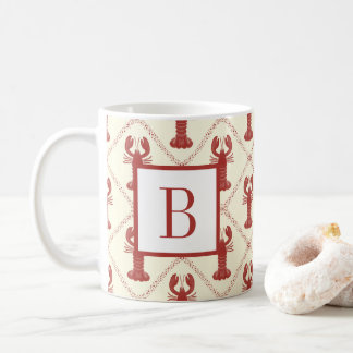 Coastal Lobster Red Cream Diamond Initial Monogram Kaffemugg